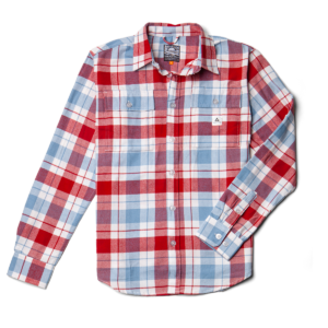 Front view of the Garden Shirt in Red Pepper, a lightweight red plaid flannel shirt.