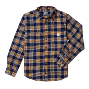 Front view packshot of the Garphyttan Garden Shirt Men’s Tangerine, a lightweight blue and orange plaid flannel shirt designed for gardening, outdoor work, and casual wear.