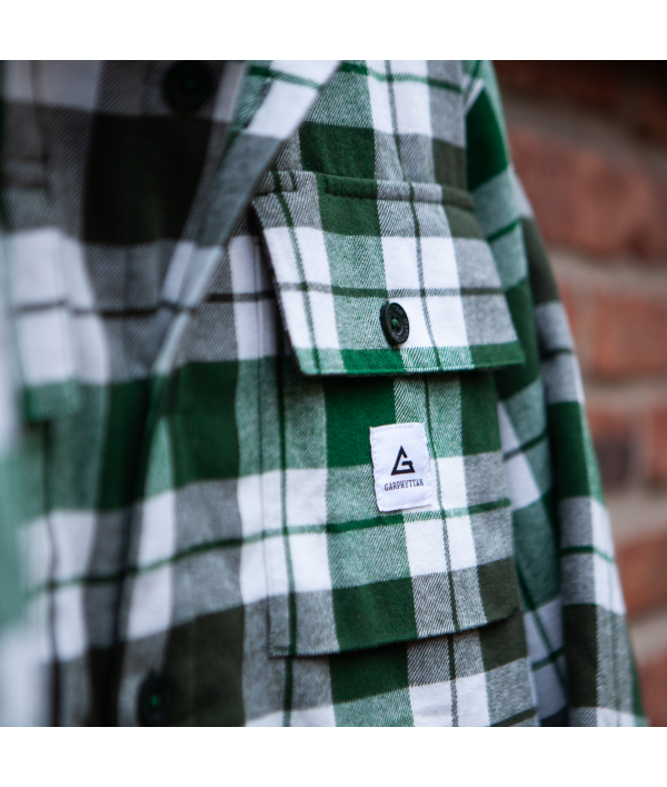 Close-up of the front of the Garden Shirt in Botanical Green, highlighting the lightweight green plaid flannel fabric.